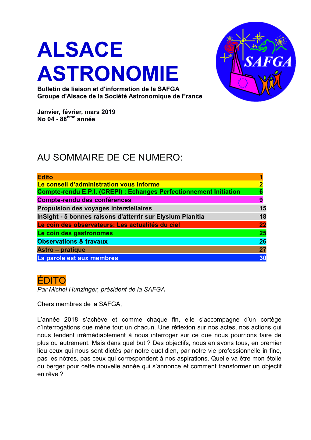 ALSACE ASTRONOMIE Bulletin De Liaison Et D'information De La SAFGA Groupe D'alsace De La Société Astronomique De France