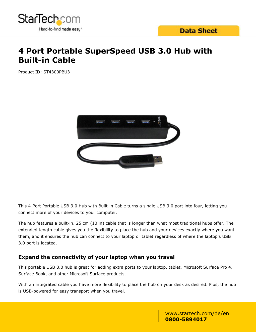 4 Port Portable Superspeed USB 3.0 Hub with Built-In Cable