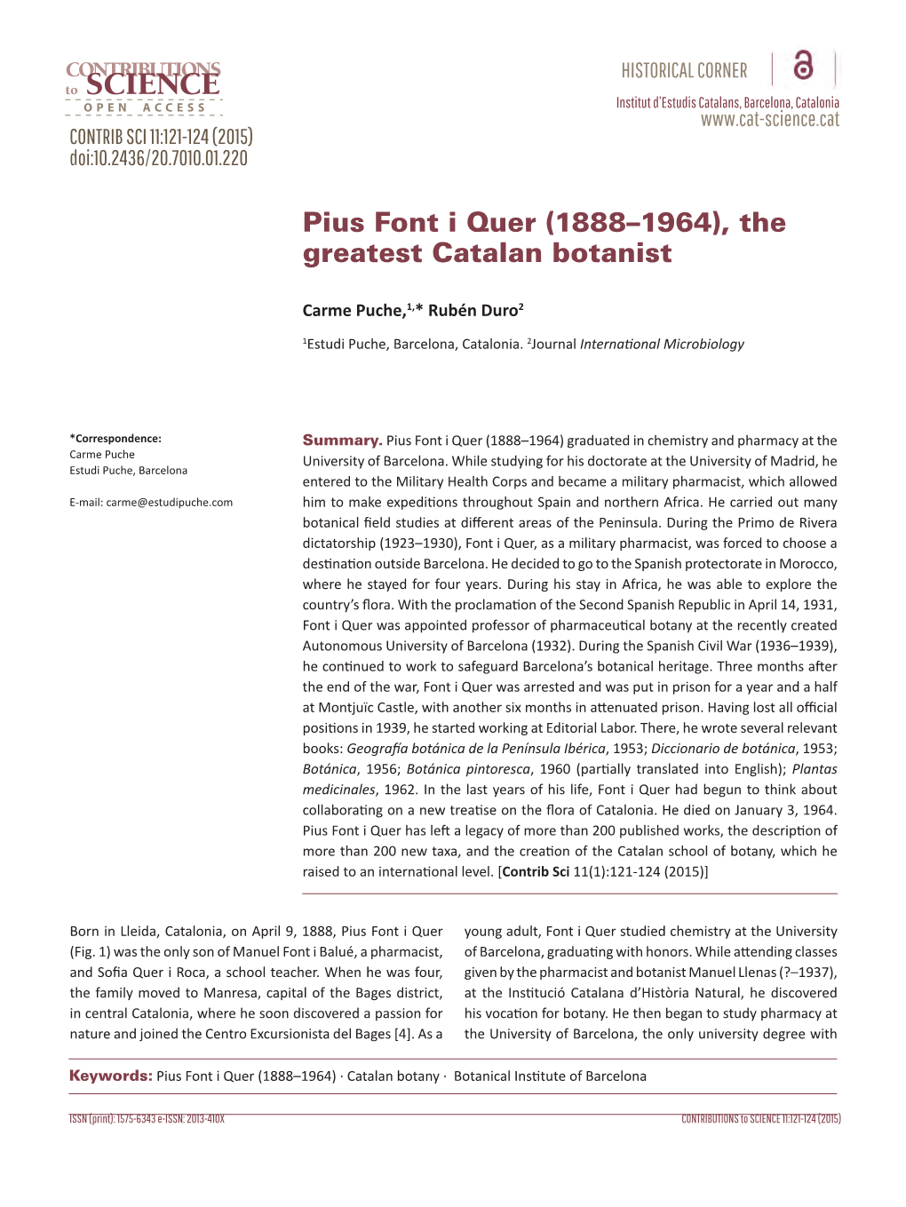 Pius Font I Quer (1888–1964), the Greatest Catalan Botanist