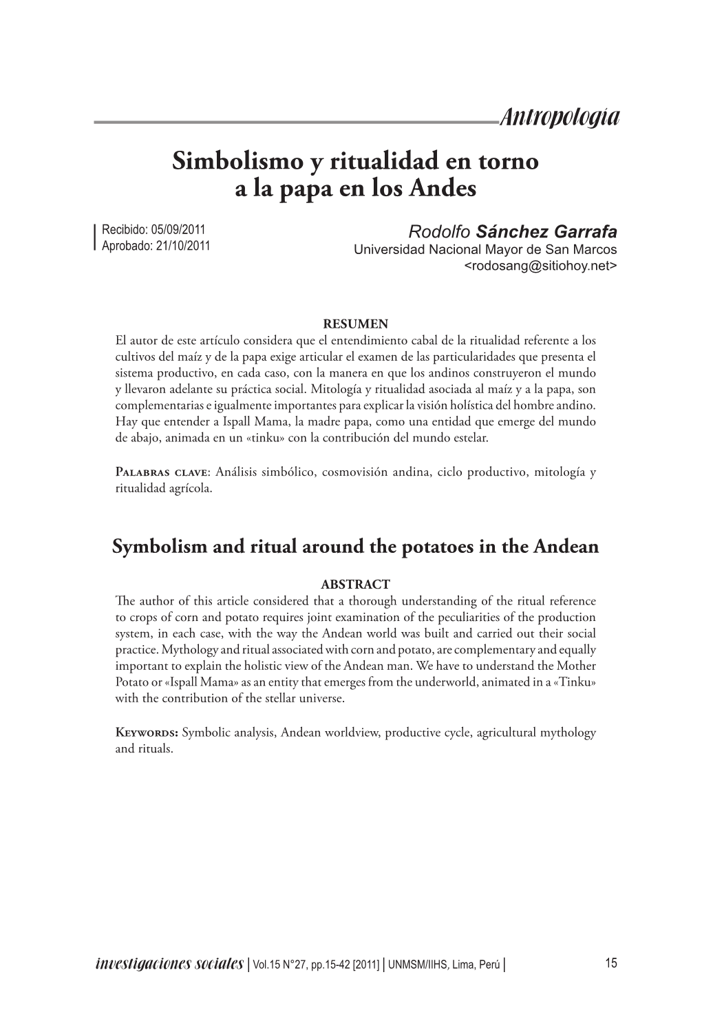 Simbolismo Y Ritualidad En Torno a La Papa En Los Andes