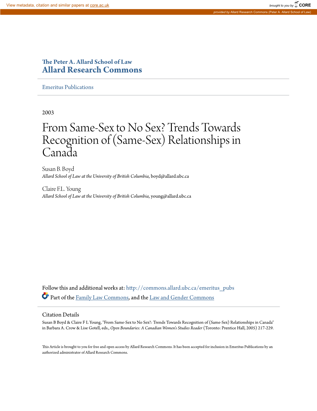 Same-Sex to No Sex? Trends Towards Recognition of (Same-Sex) Relationships in Canada Susan B