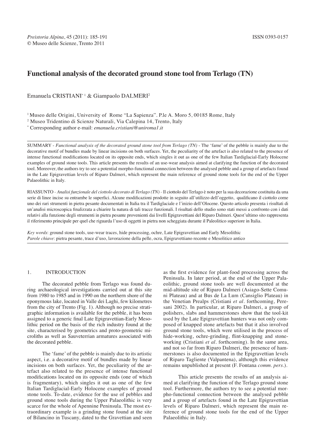 Functional Analysis of the Decorated Ground Stone Tool from Terlago (TN)