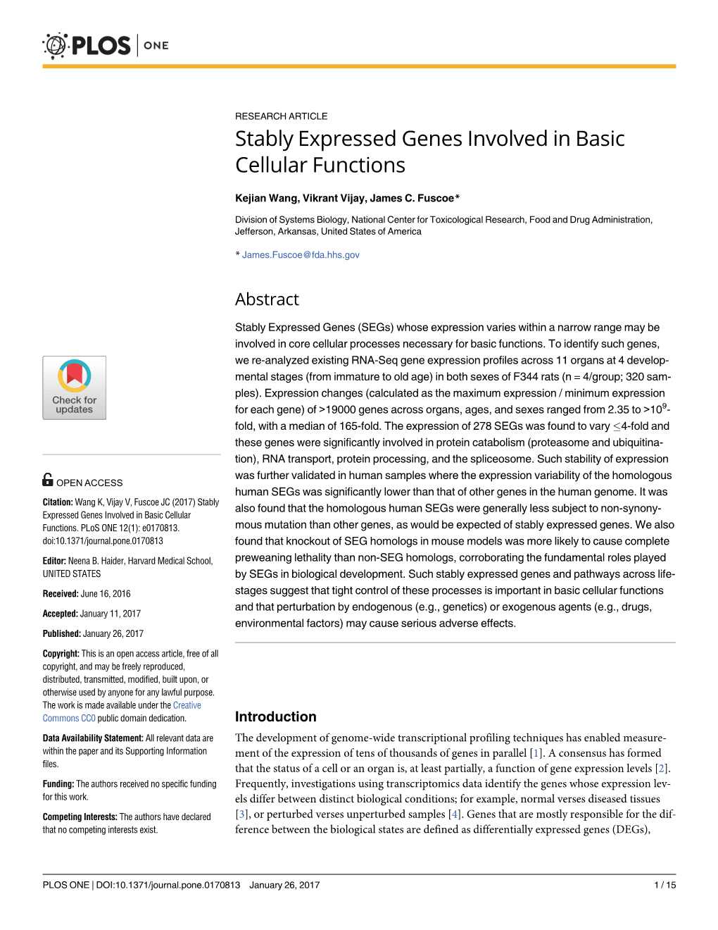Stably Expressed Genes Involved in Basic Cellular Functions