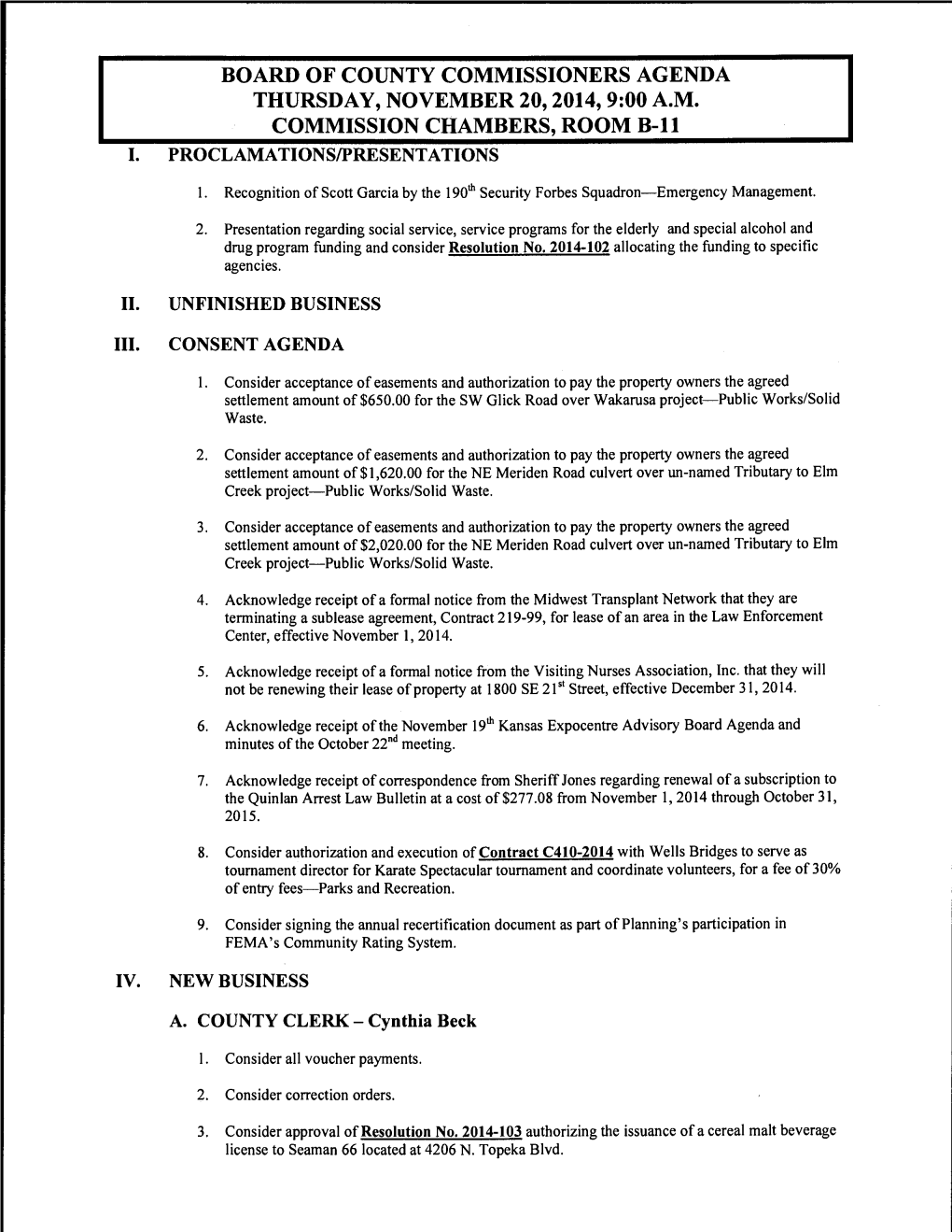 Board of County Commissioners Agenda Thursday, November 20,2014, 9:00A.M