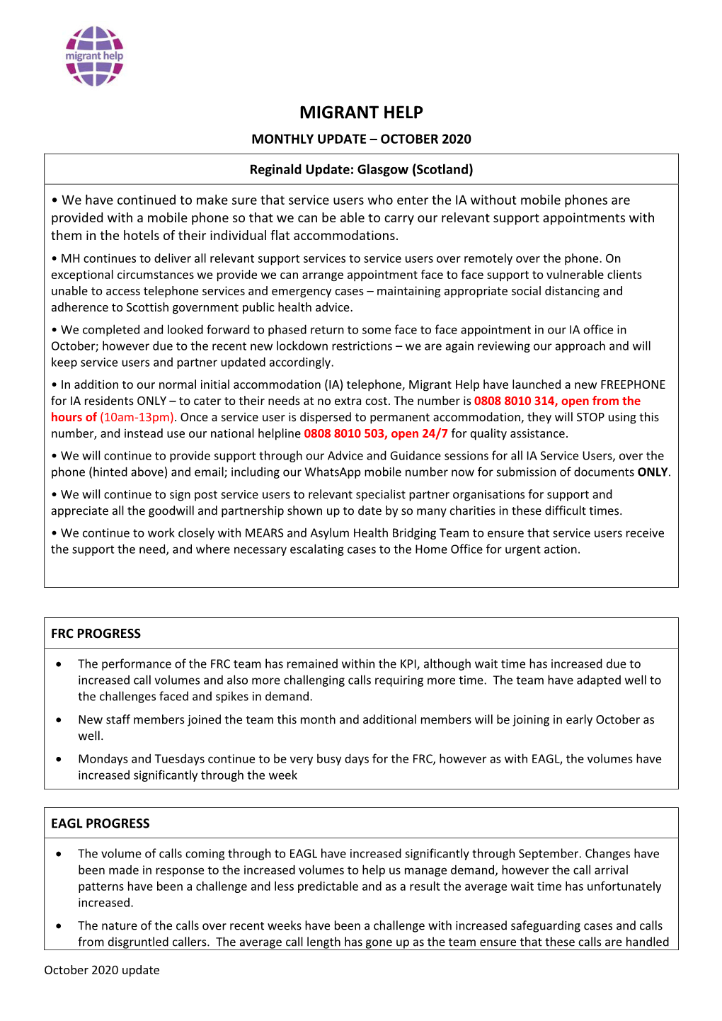 Migrant Help Monthly Update – October 2020