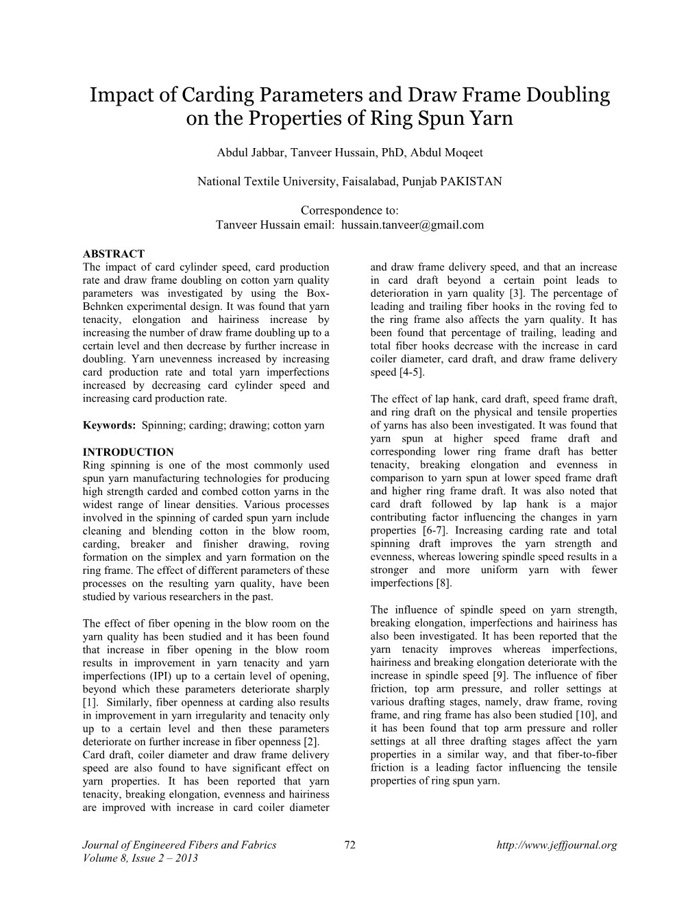 Impact of Carding Parameters and Draw Frame Doubling on the Properties of Ring Spun Yarn