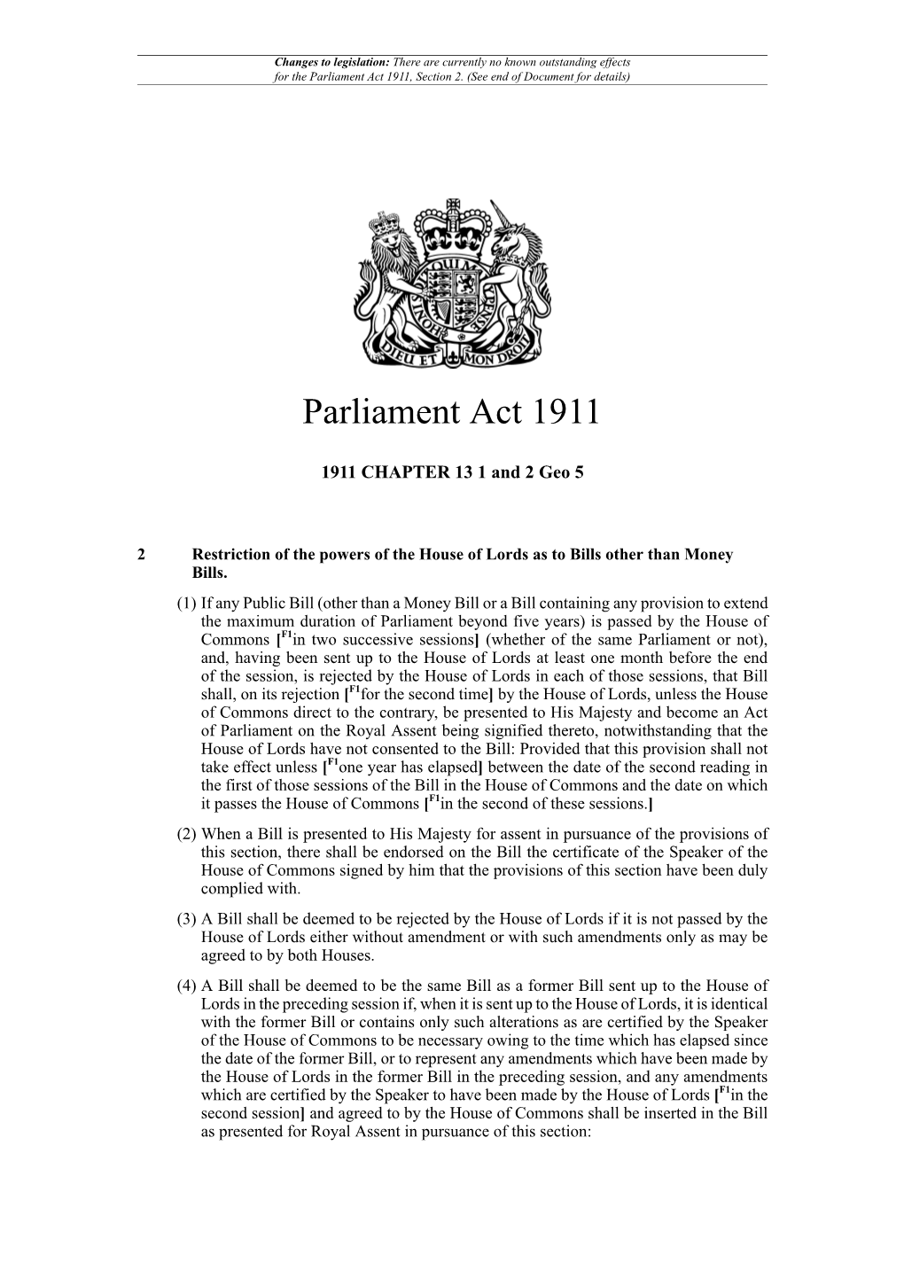 Parliament Act 1911, Section 2