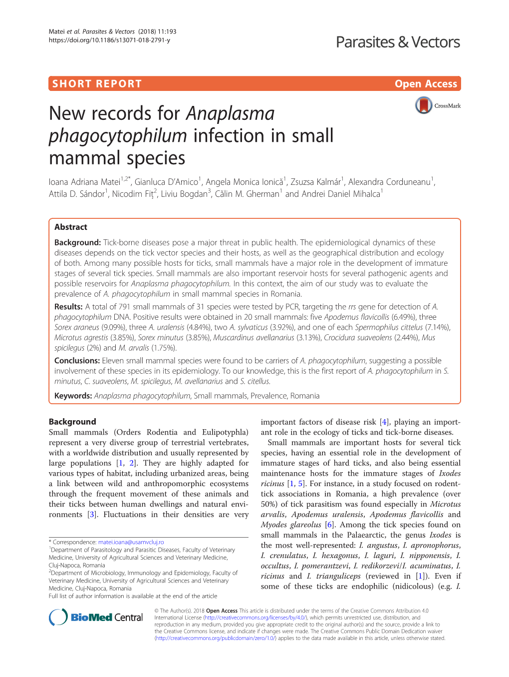 New Records for Anaplasma Phagocytophilum Infection in Small