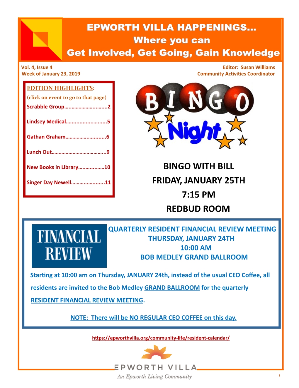 Bingo with Bill Friday, January 25Th 7:15 Pm Redbud Room