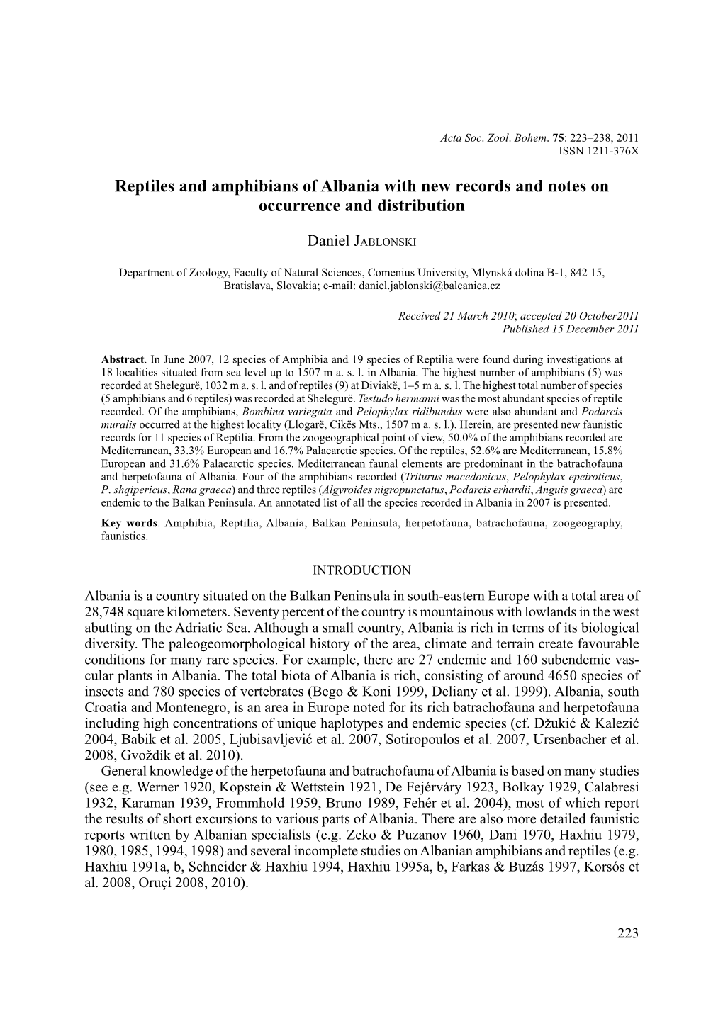 Reptiles and Amphibians of Albania with New Records and Notes on Occurrence and Distribution