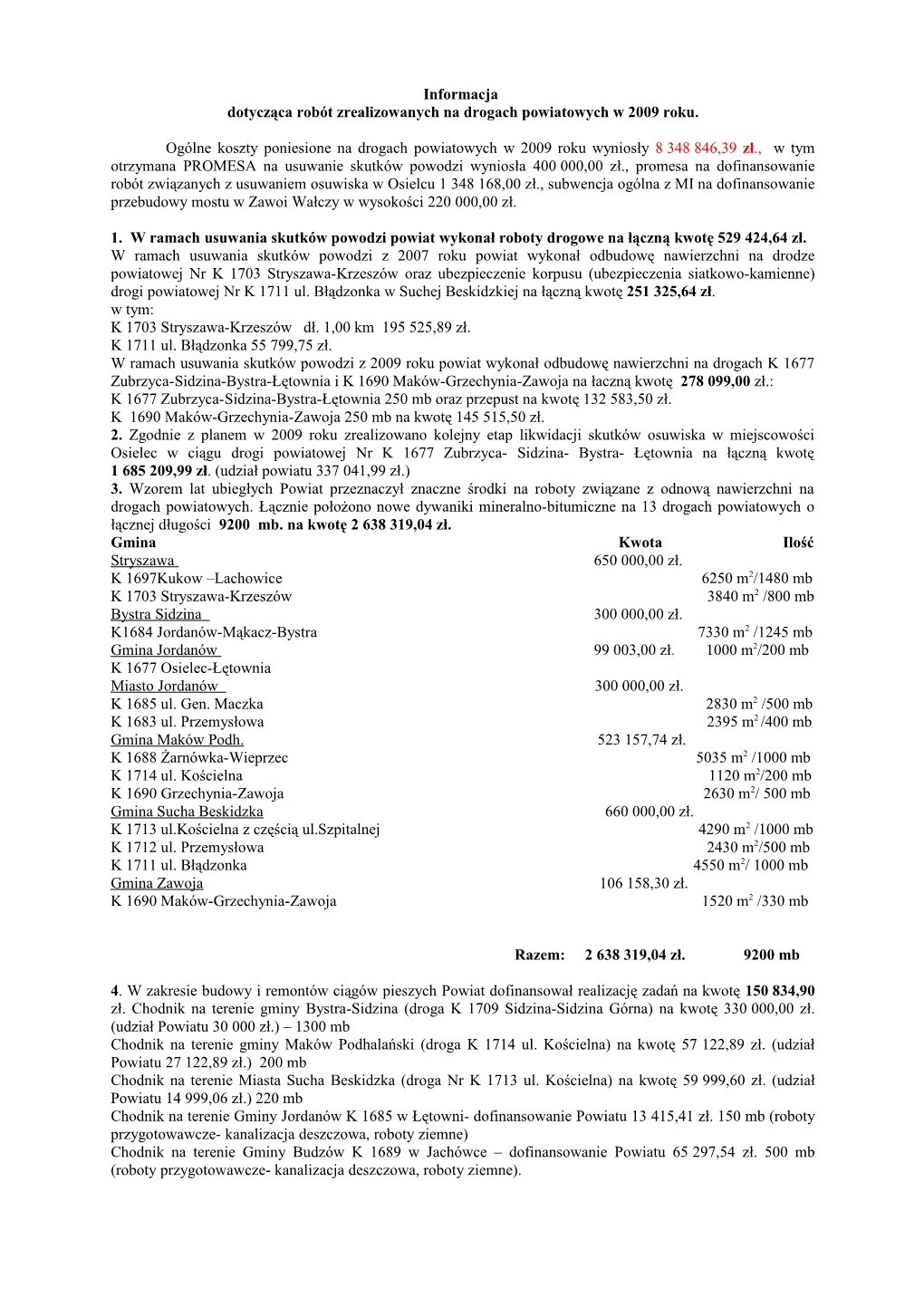 Informacja Dotycząca Robót Zrealizowanych Na Drogach Powiatowych W 2009 Roku. Ogólne Koszty Poniesione Na Drogach Powiatowych