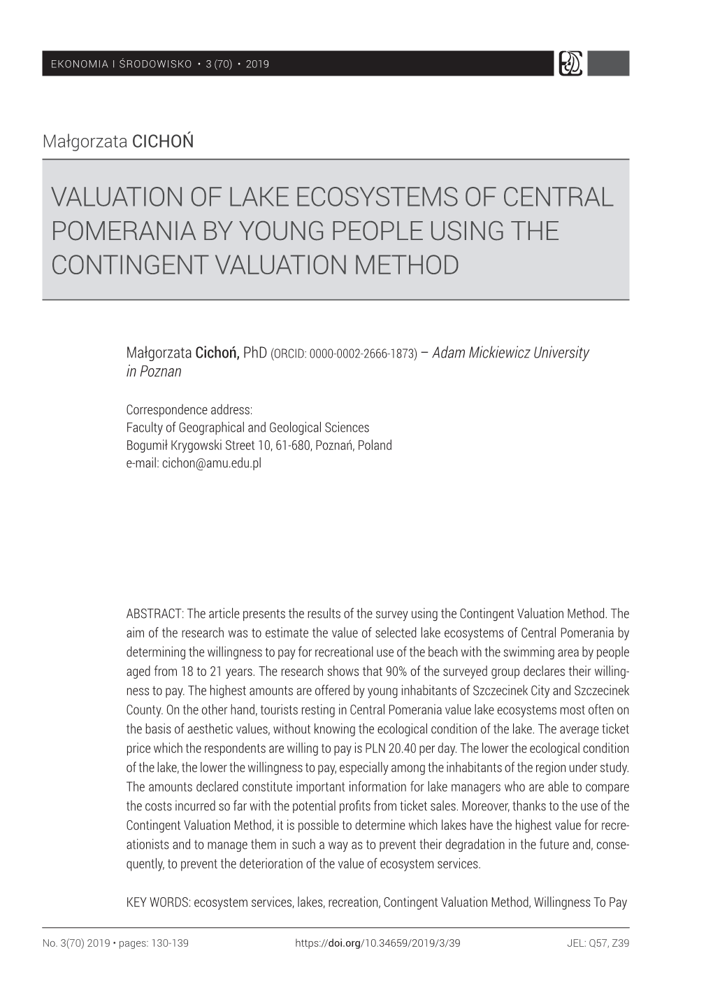 Valuation of Lake Ecosystems of Central Pomerania by Young People Using the Contingent Valuation Method