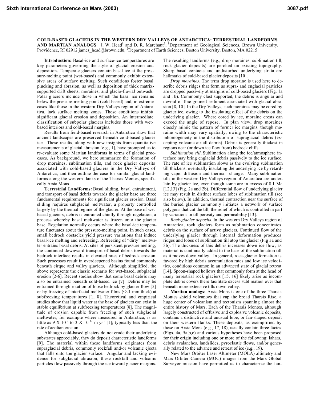 Cold-Based Glaciers in the Western Dry Valleys of Antarctica: Terrestrial Landforms and Martian Analogs