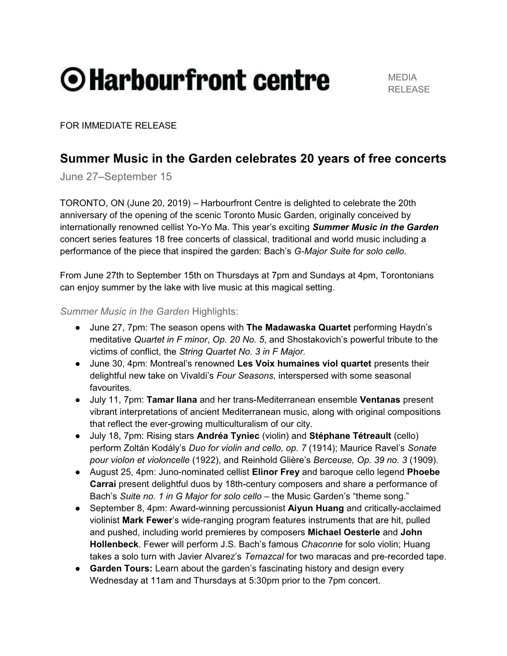 Summer Music in the Garden Celebrates 20 Years of Free Concerts June 27–September 15