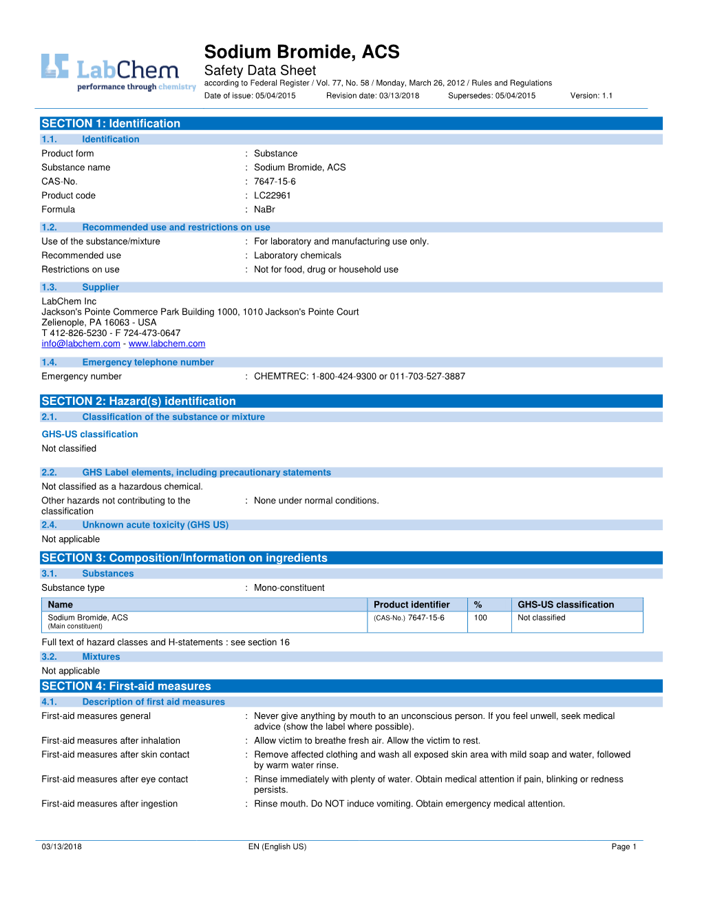 Sodium Bromide, ACS Safety Data Sheet According to Federal Register / Vol