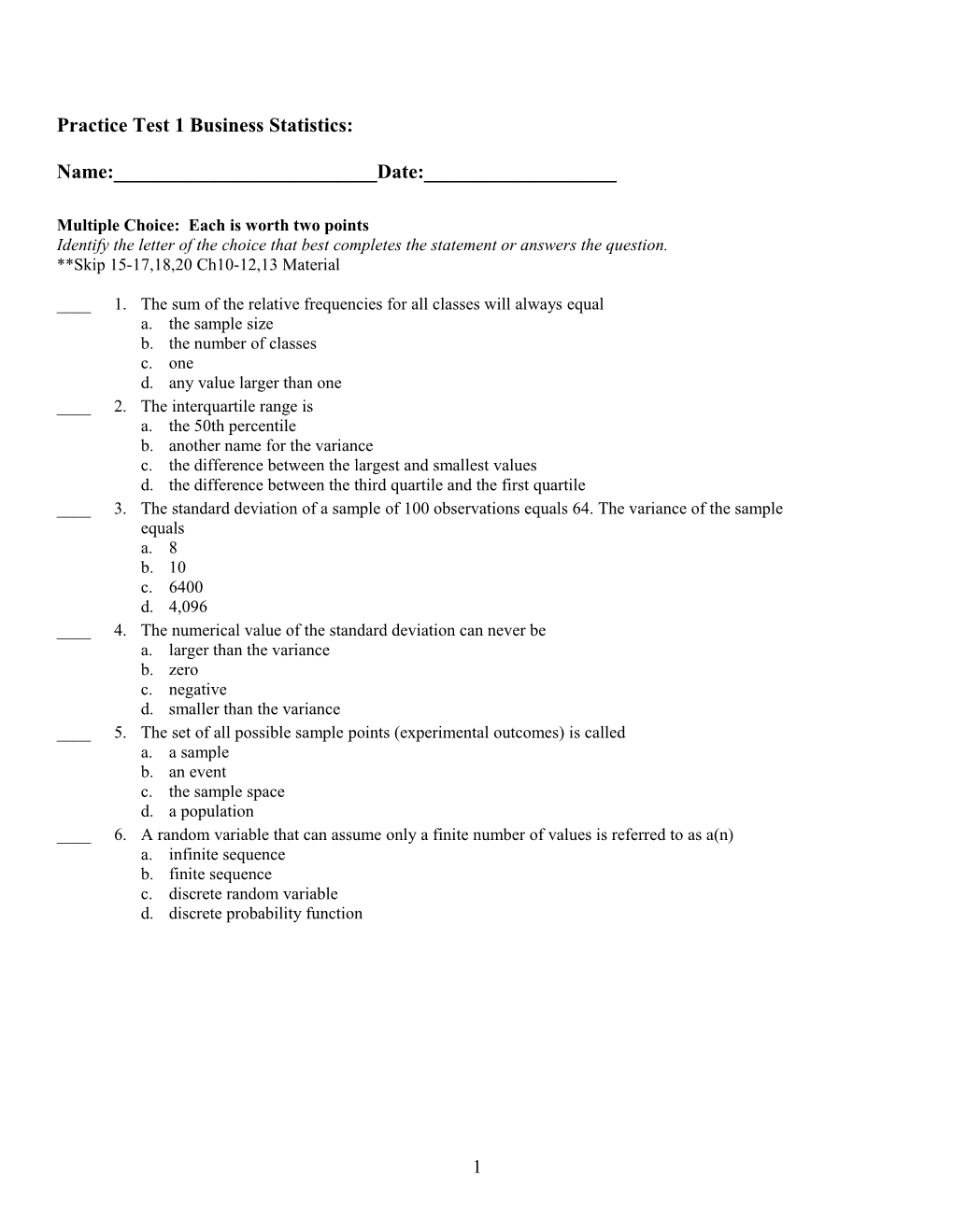 Practice Test 1 Business Statistics