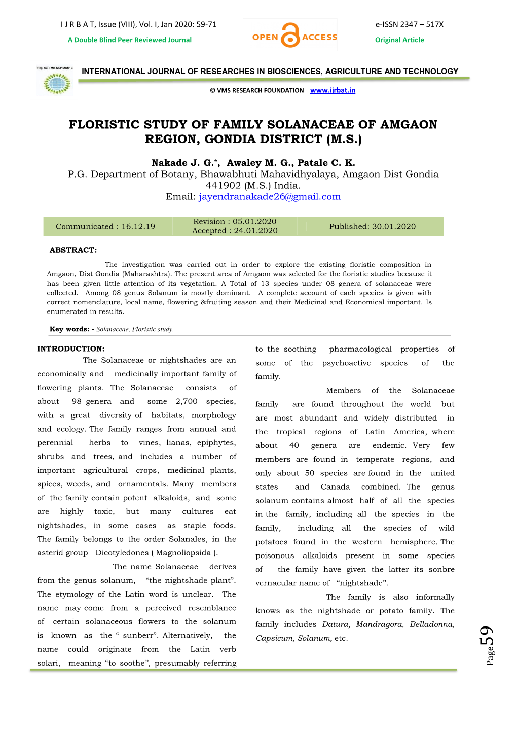 Floristic Study of Family Solanaceae of Amgaon Region, Gondia District (M.S.)