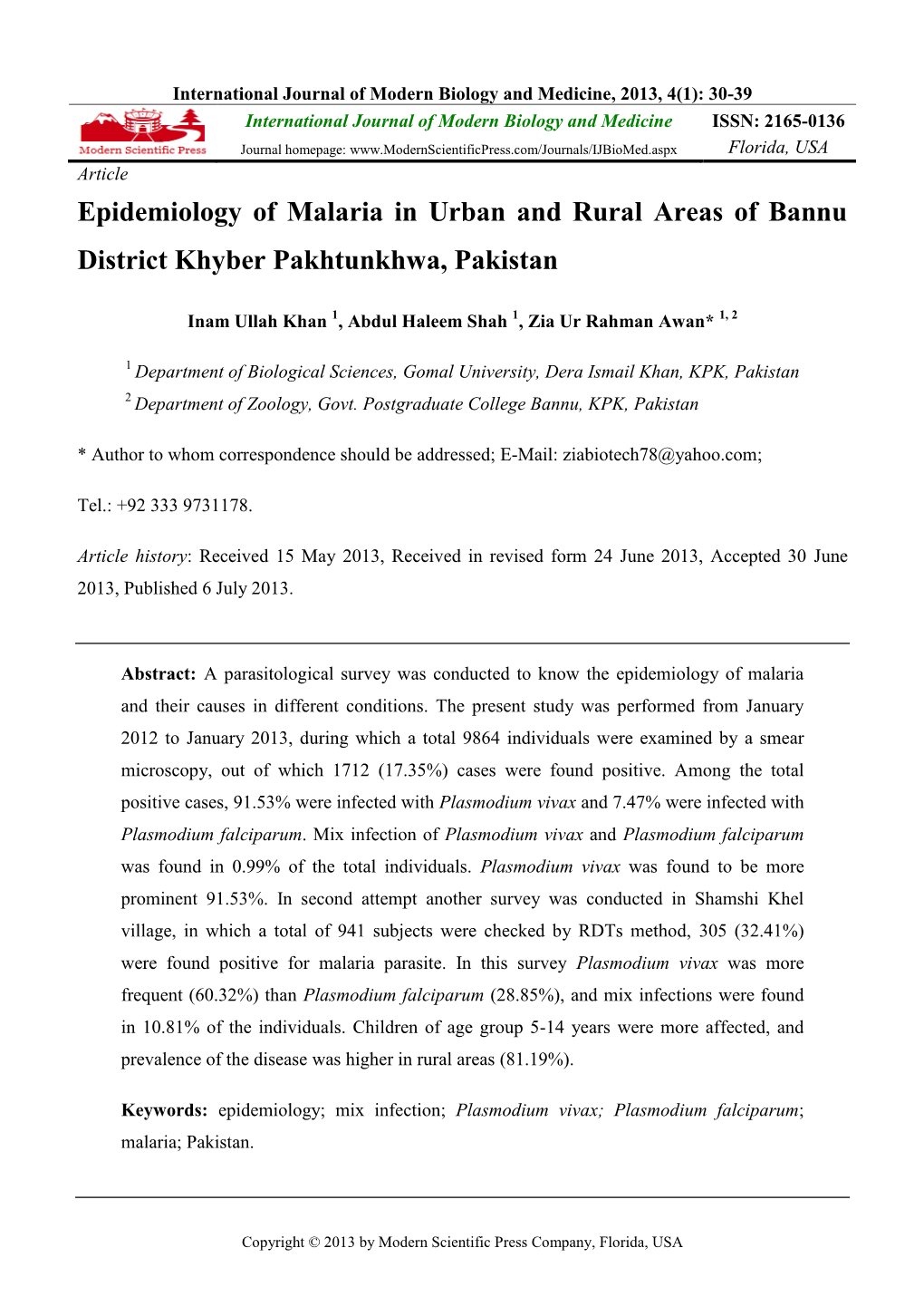 Epidemiology of Malaria in Urban and Rural Areas of Bannu District Khyber Pakhtunkhwa, Pakistan