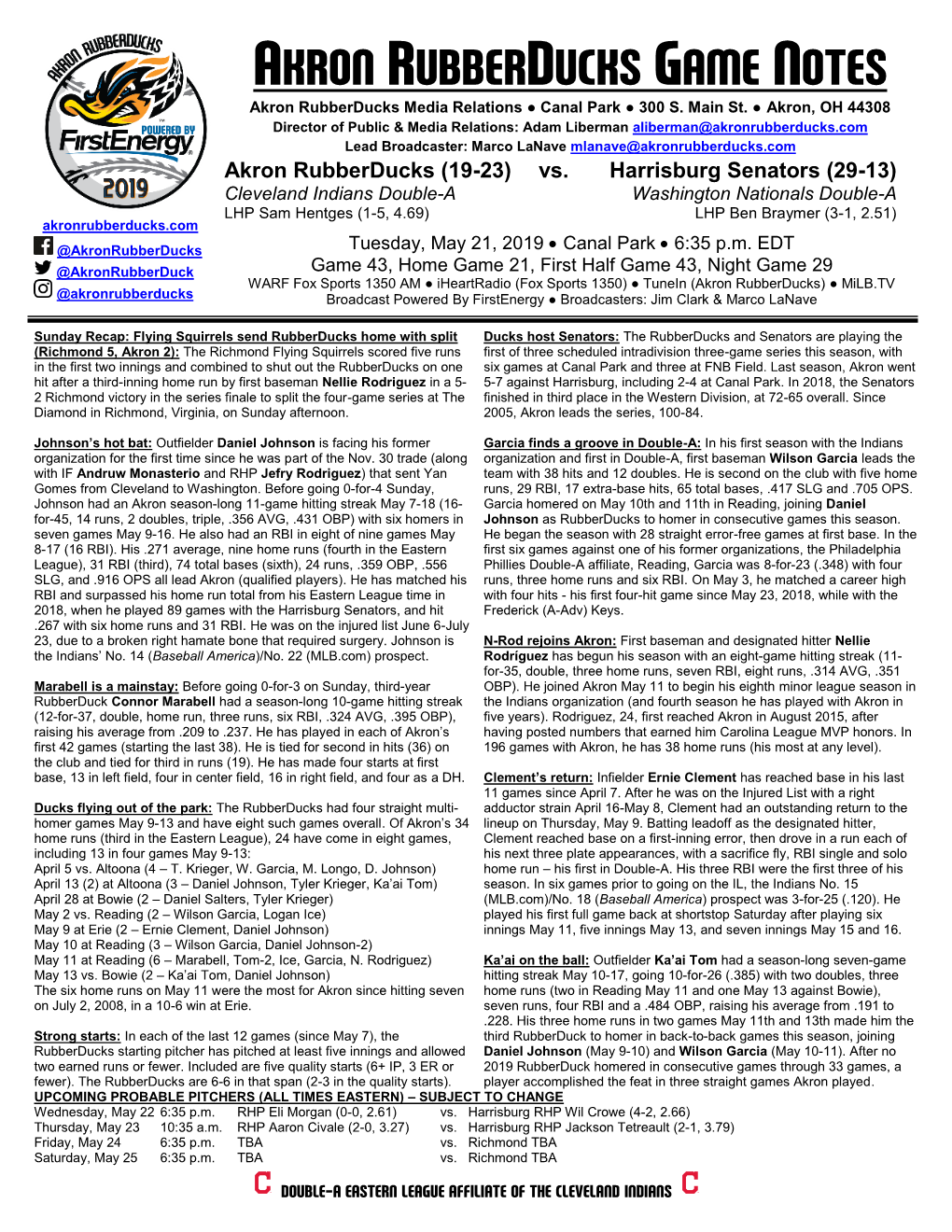 AKRON RUBBERDUCKS GAME NOTES Akron Rubberducks Media Relations ● Canal Park ● 300 S