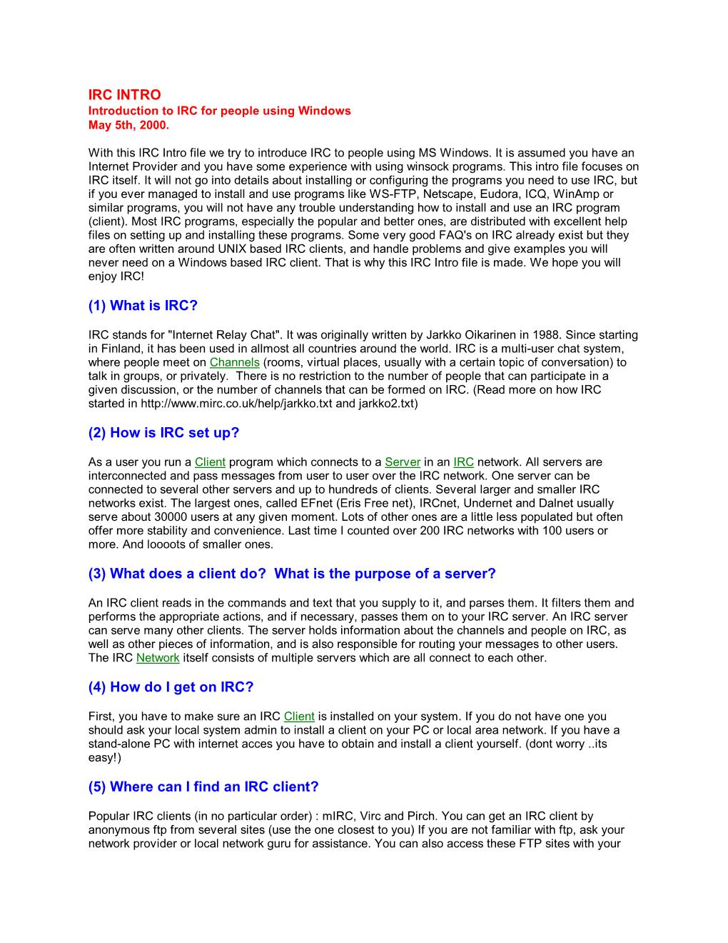 IRC INTRO Introduction to IRC for People Using Windows May 5Th, 2000