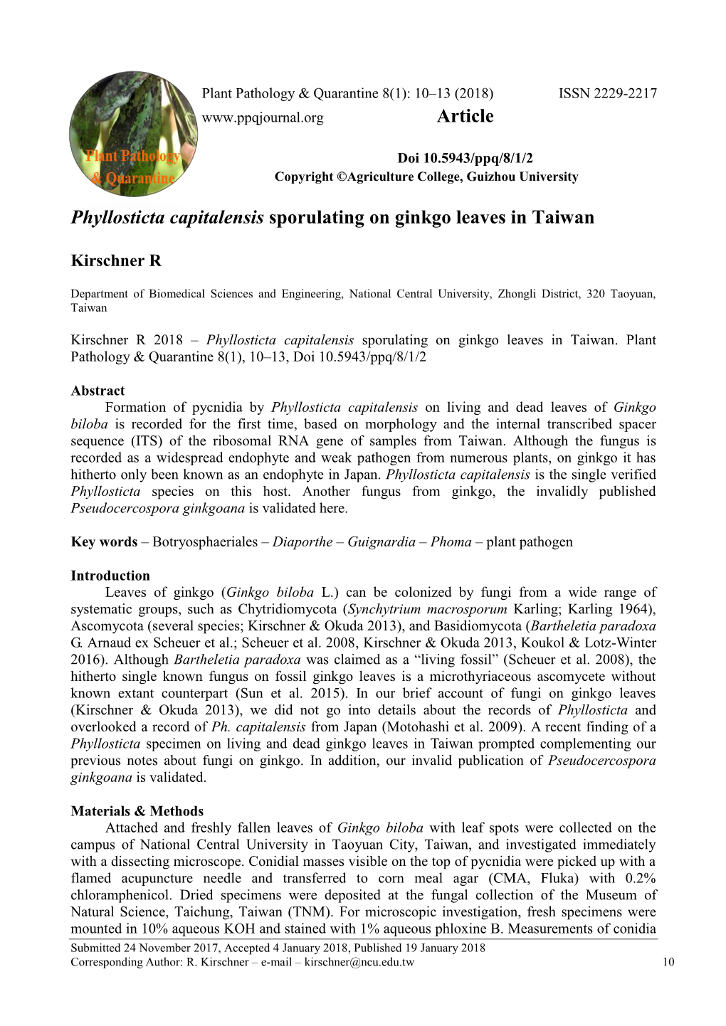 Phyllosticta Capitalensis Sporulating on Ginkgo Leaves in Taiwan Article