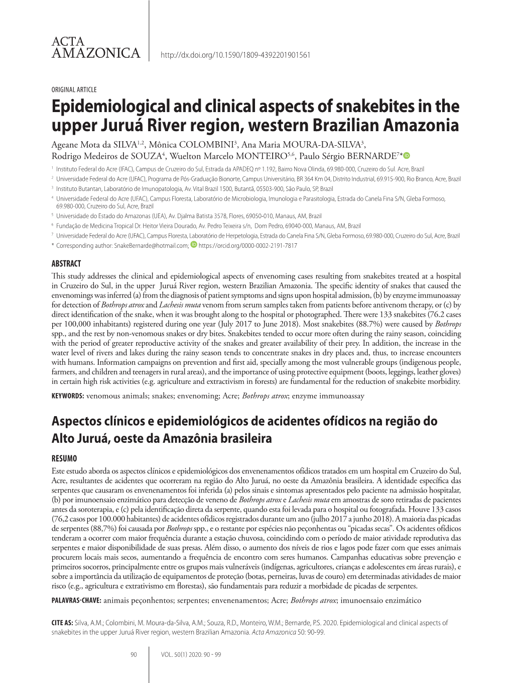 Epidemiological and Clinical Aspects of Snakebites in the Upper Juruá River Region, Western Brazilian Amazonia