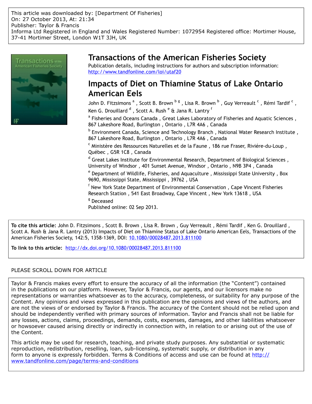 Transactions of the American Fisheries Society Impacts of Diet On