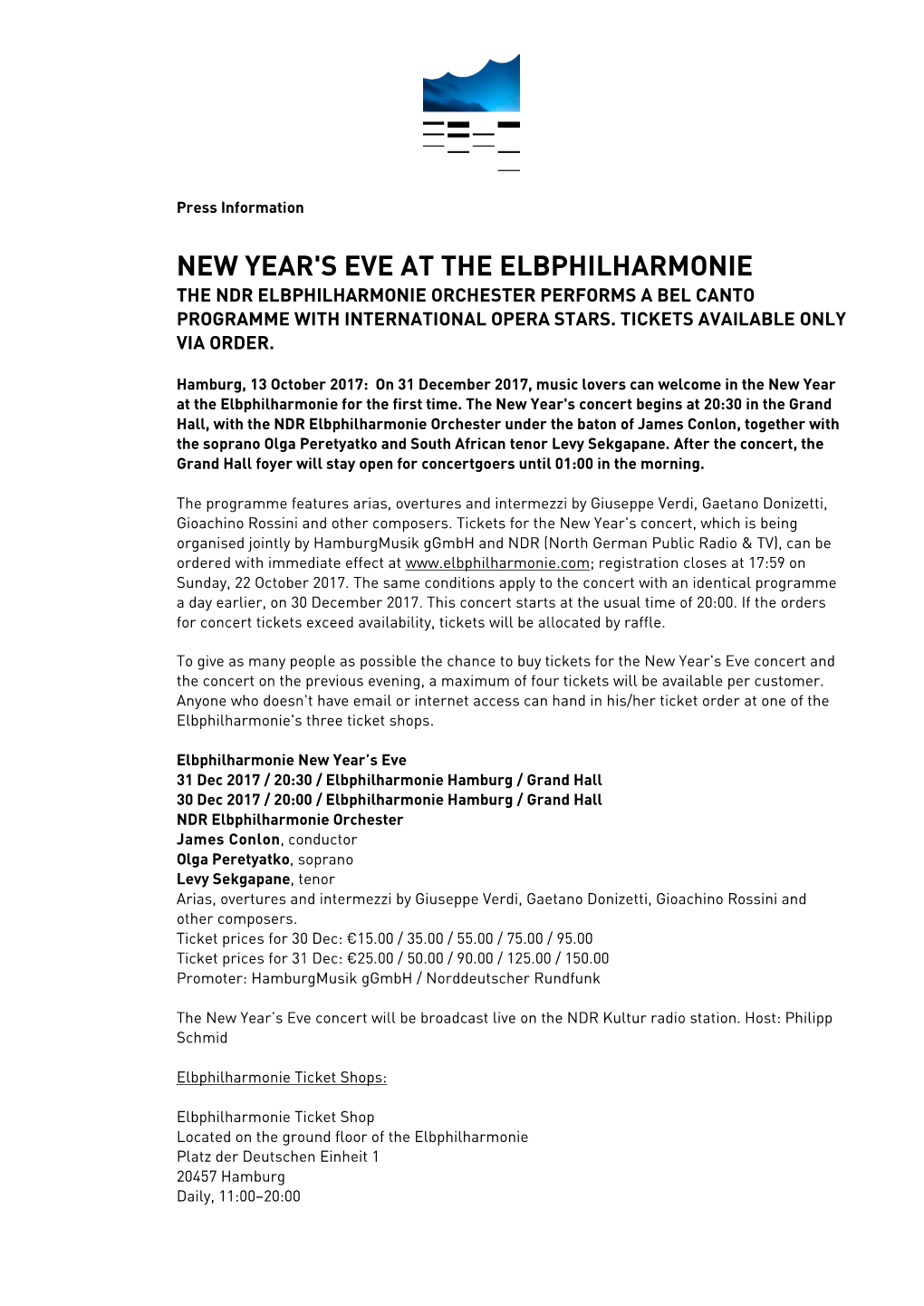New Year's Eve at the Elbphilharmonie the Ndr Elbphilharmonie Orchester Performs a Bel Canto Programme with International Opera Stars