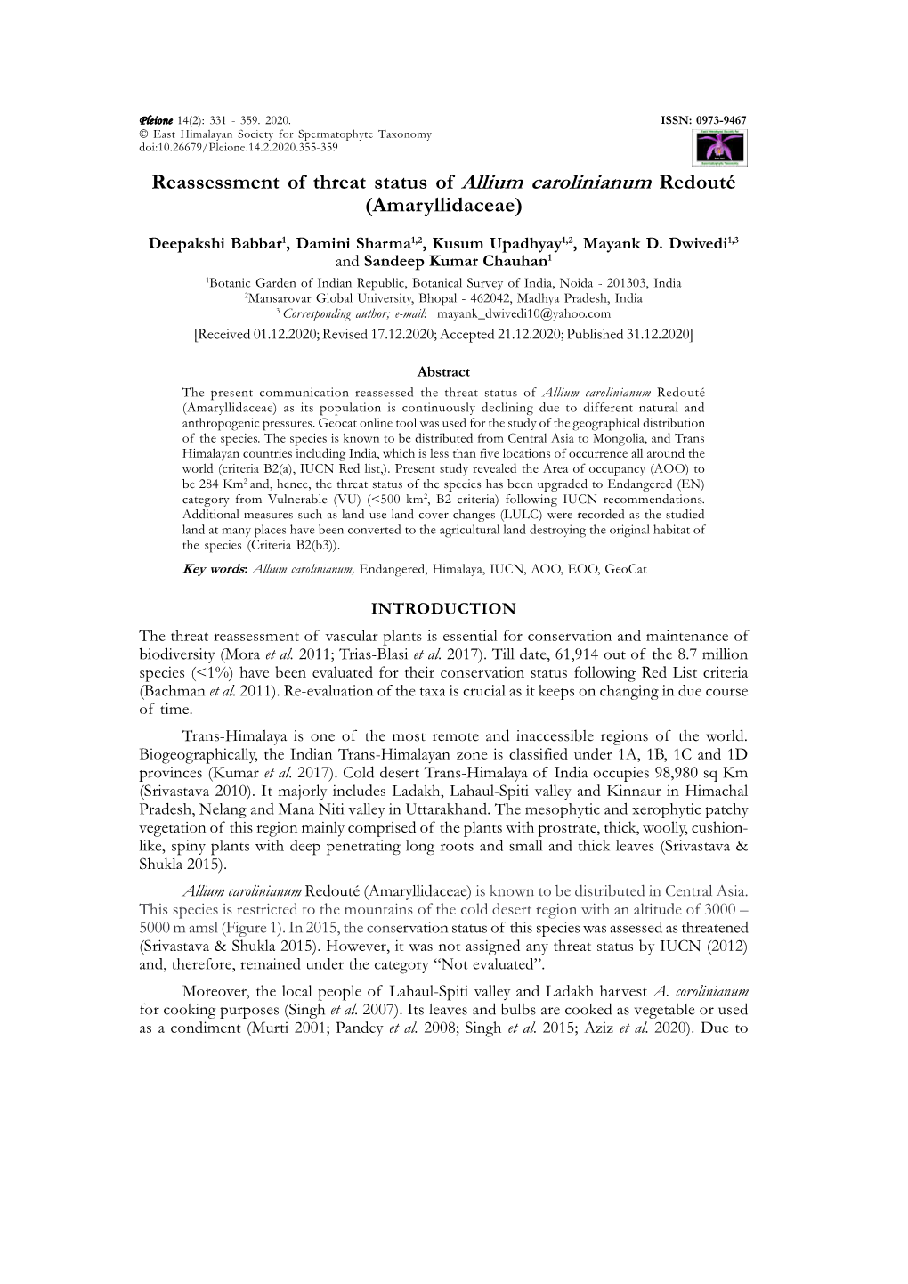 016 Reassesment of Threat Status of Allium Carolinianum