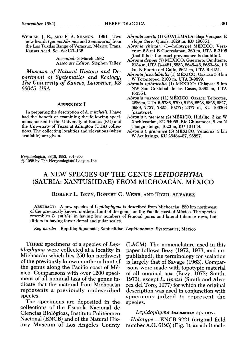A New Species of the Genus Lepidophyma (Sauria: Xantusiidae) from Michoacan, Mexico