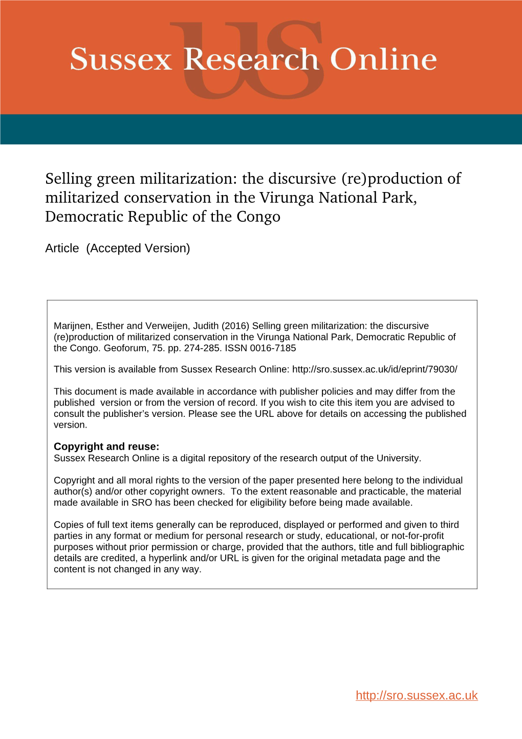 Selling Green Militarization: the Discursive (Re)Production of Militarized Conservation in the Virunga National Park, Democratic Republic of the Congo