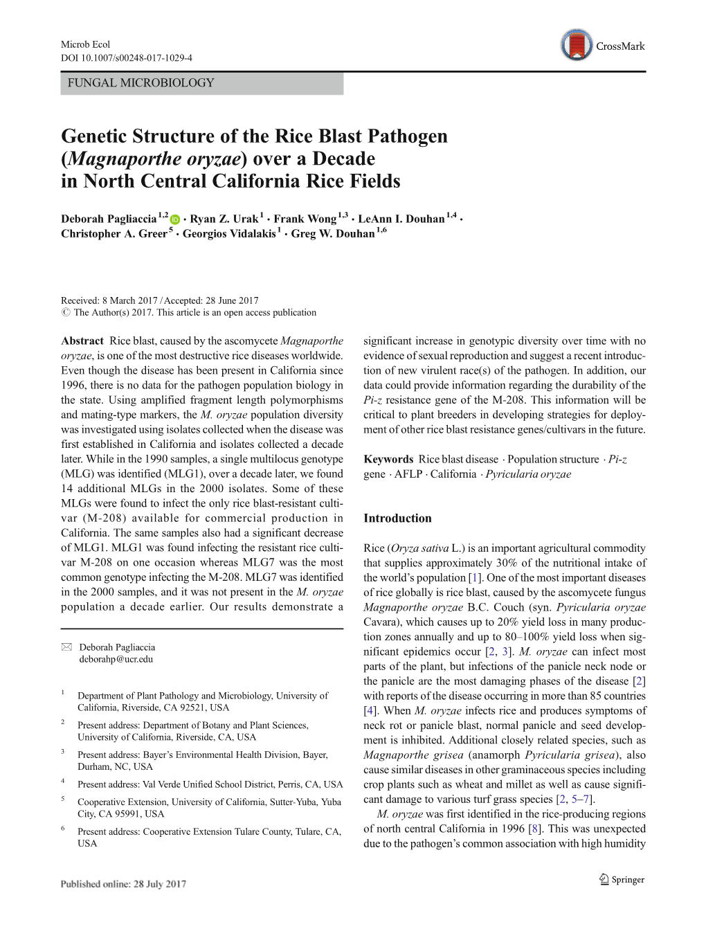 Genetic Structure of the Rice Blast Pathogen (Magnaporthe Oryzae) Over a Decade in North Central California Rice Fields