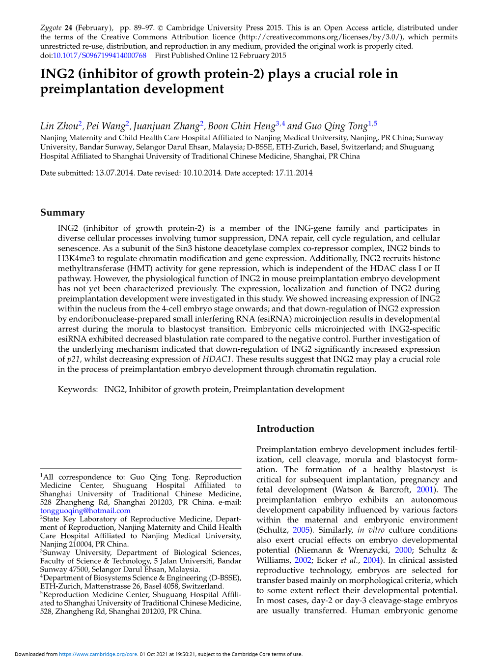 ING2 (Inhibitor of Growth Protein-2) Plays a Crucial Role in Preimplantation Development