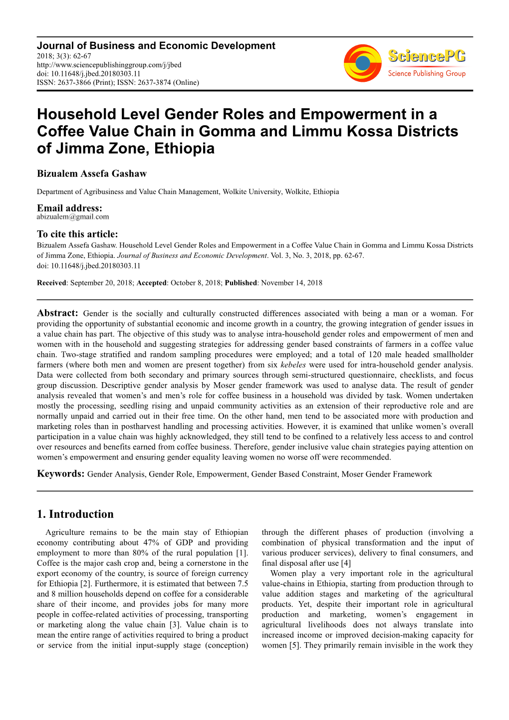 Household Level Gender Roles and Empowerment in a Coffee Value Chain in Gomma and Limmu Kossa Districts of Jimma Zone, Ethiopia