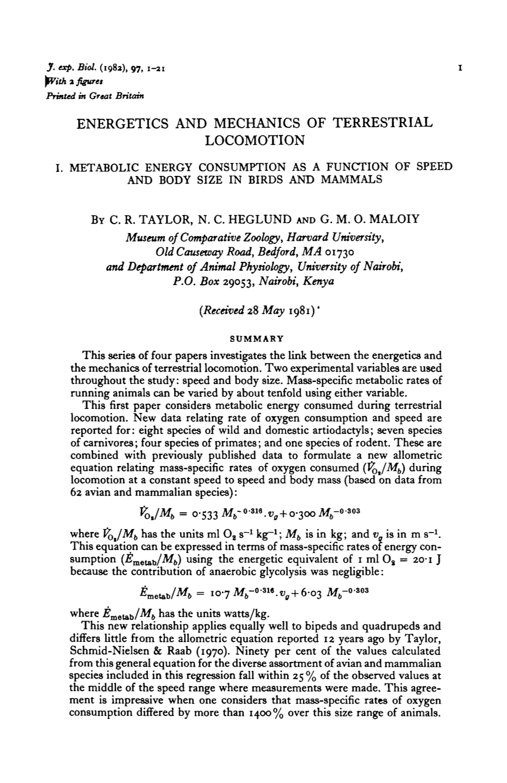 Energetics and Mechanics of Terrestrial Locomotion