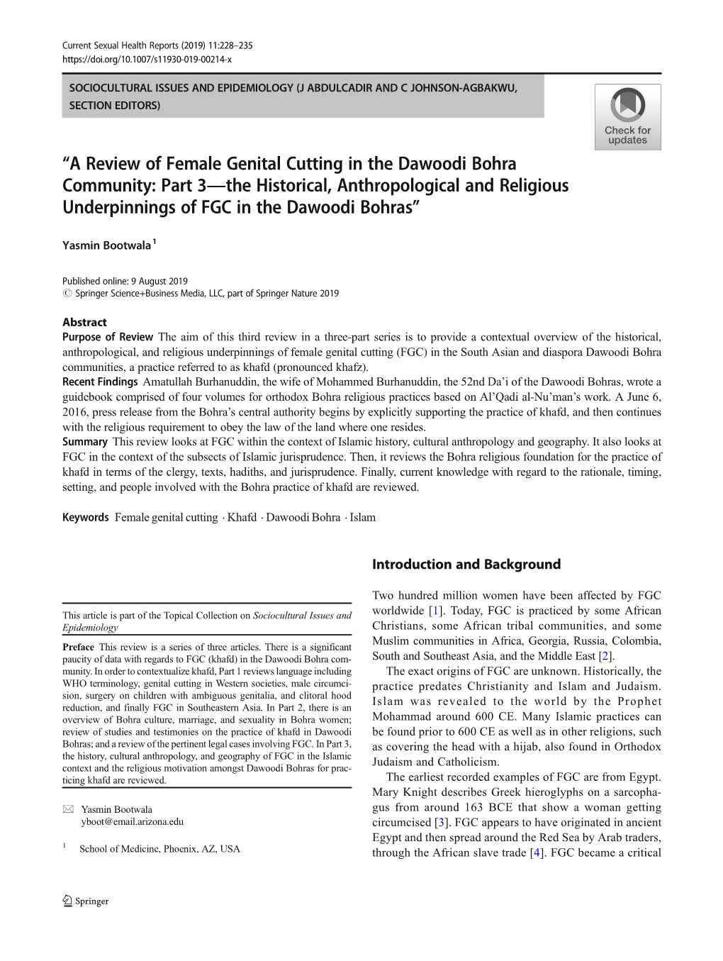 “A Review of Female Genital Cutting in the Dawoodi Bohra Community: Part 3—The Historical, Anthropological and Religious Underpinnings of FGC in the Dawoodi Bohras”