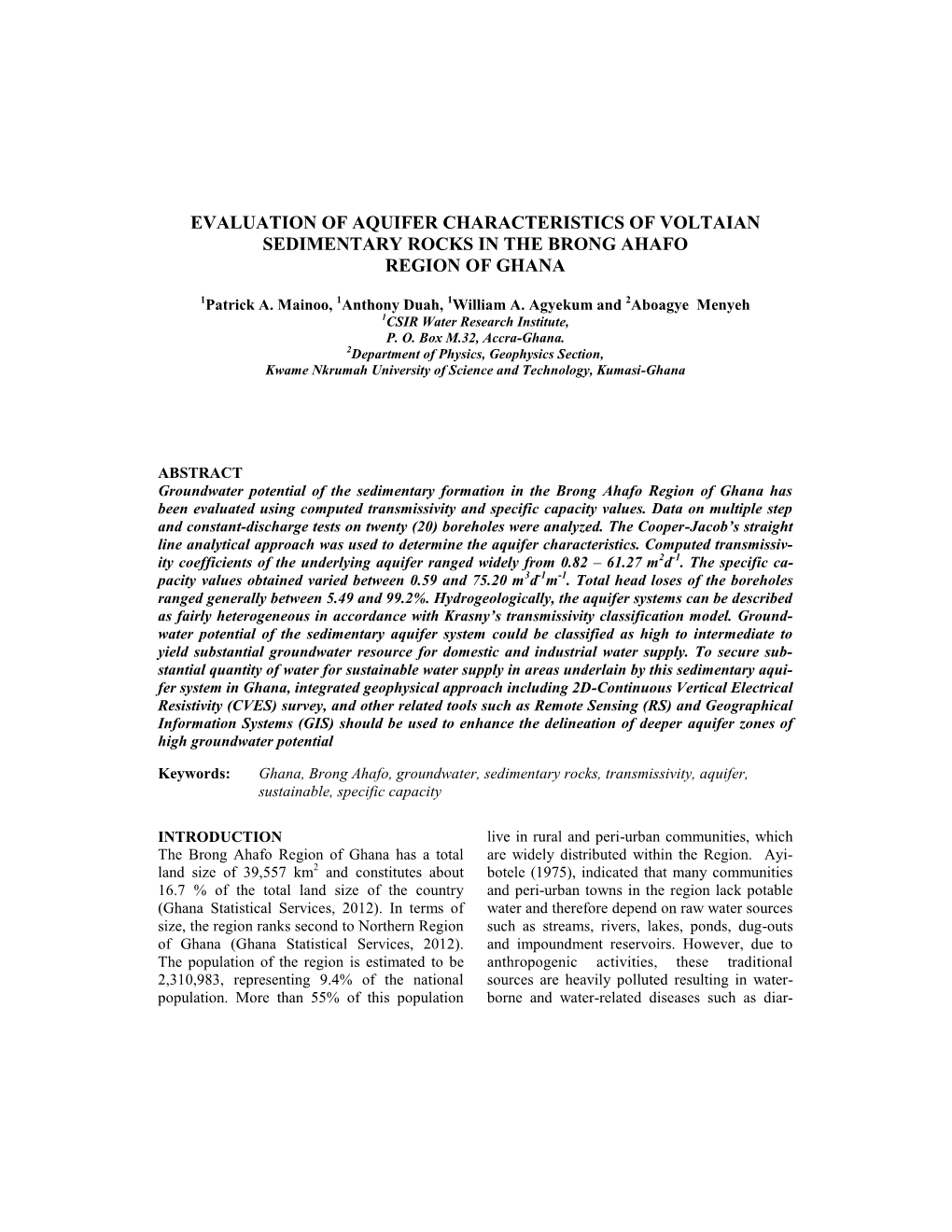 Evaluation of Aquifer Characteristics of Voltaian Sedimentary Rocks in the Brong Ahafo Region of Ghana