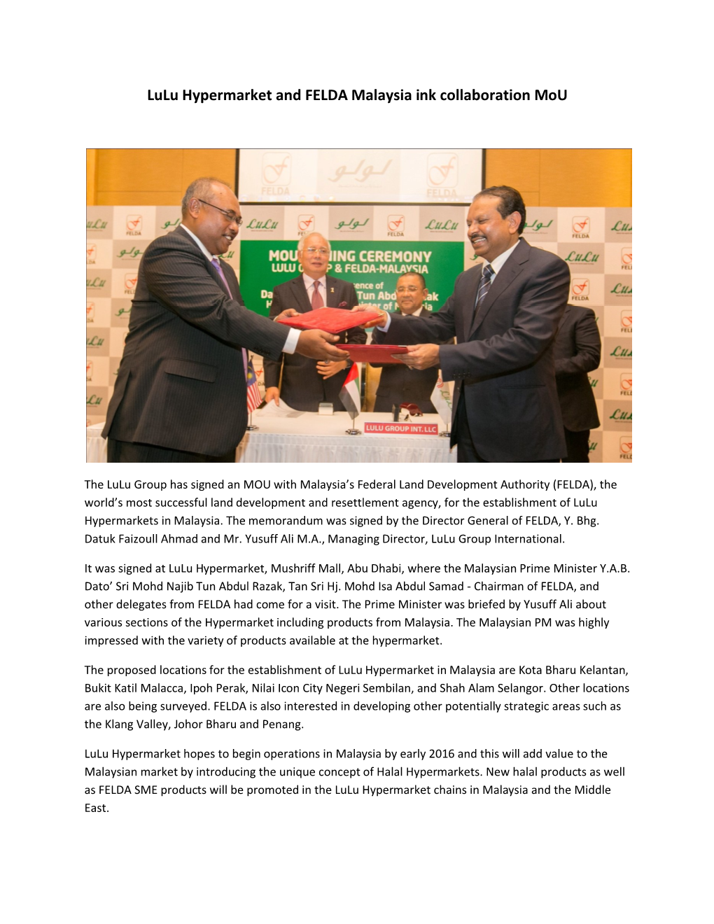 Lulu Hypermarket and FELDA Malaysia Ink Collaboration Mou