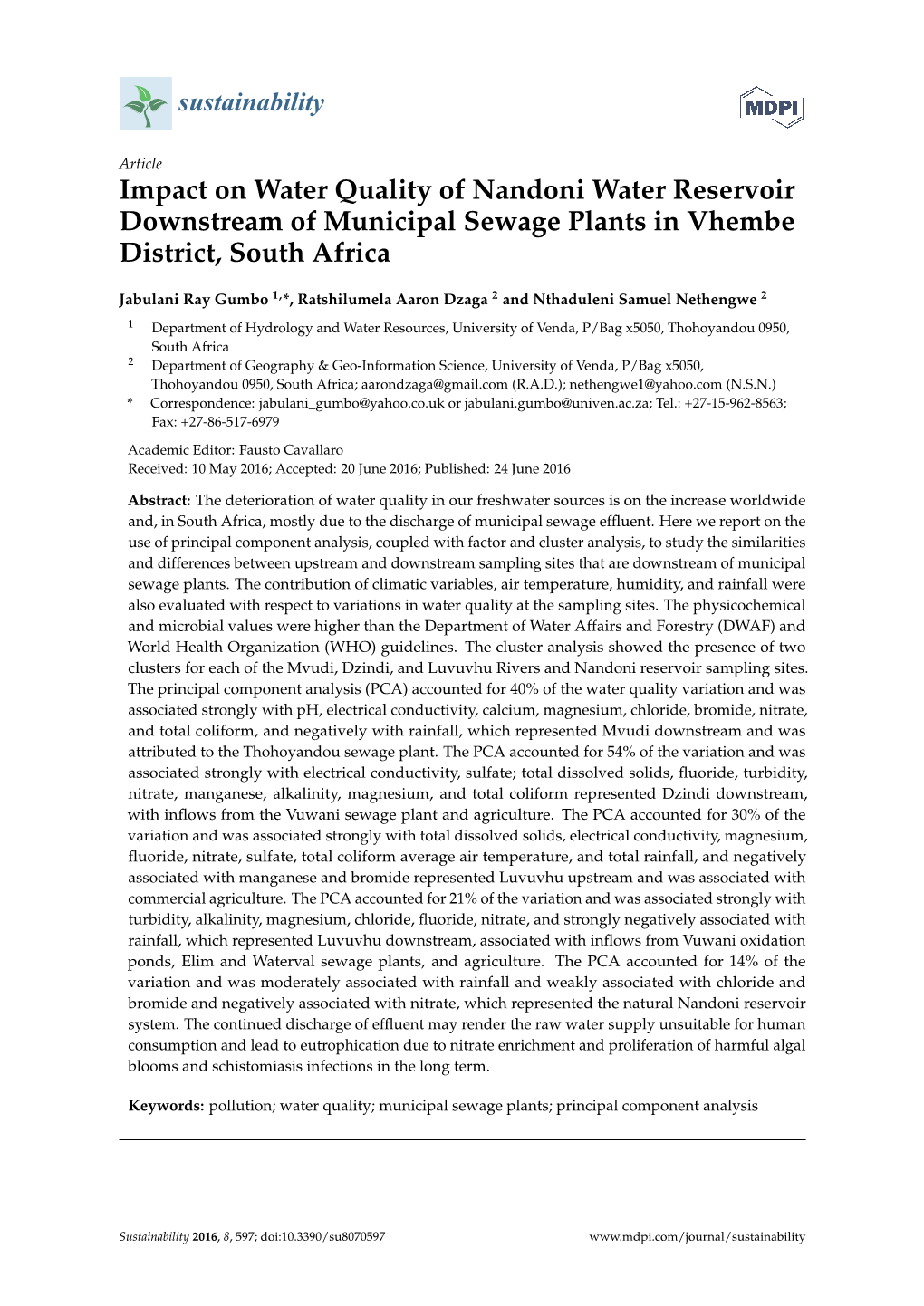 Impact on Water Quality of Nandoni Water Reservoir Downstream of Municipal Sewage Plants in Vhembe District, South Africa
