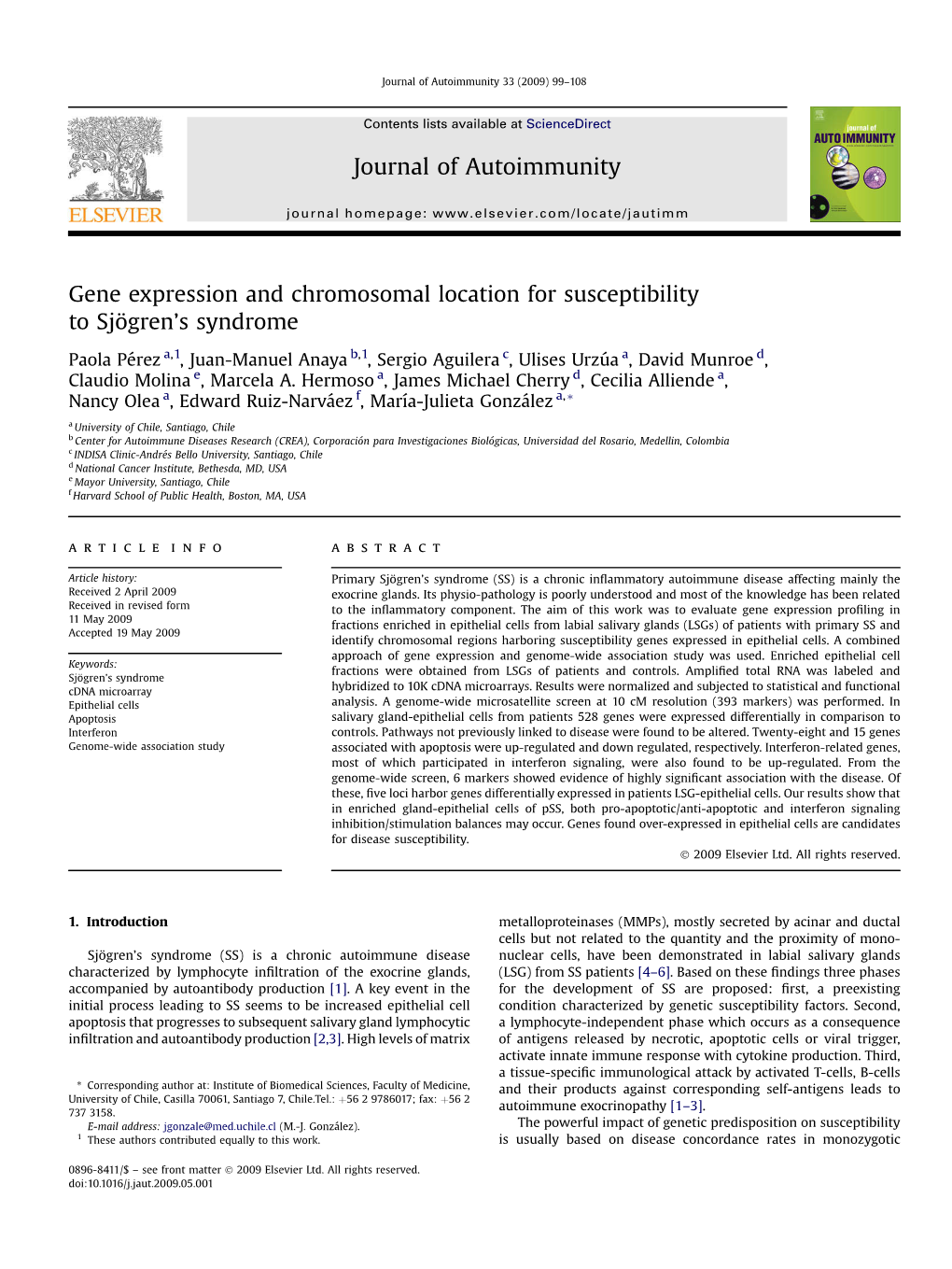 Gene Expression and Chromosomal Location for Susceptibility to Sjogren