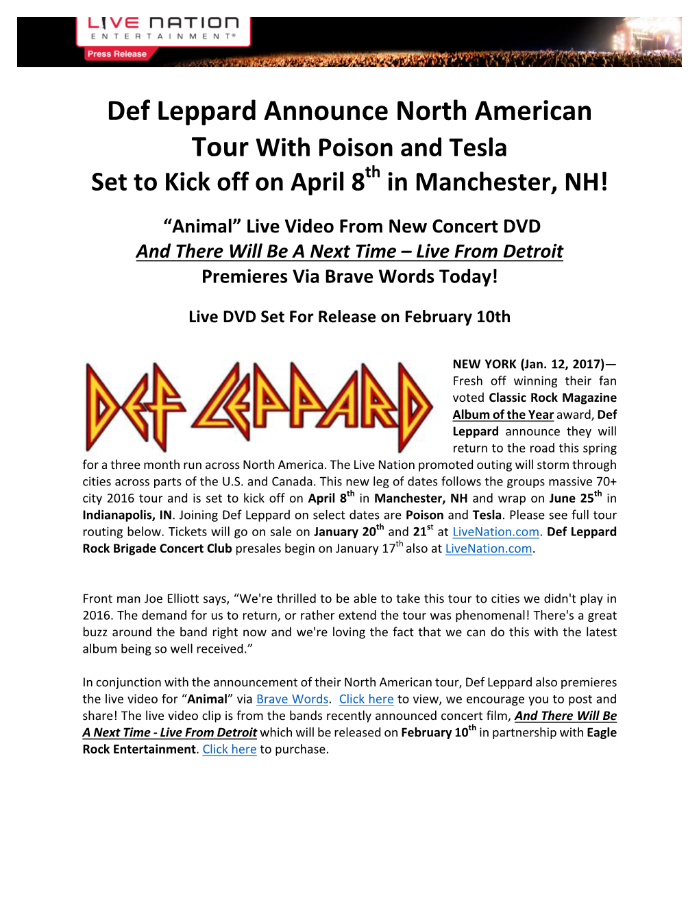 Def Leppard Announce North American Tour with Poison and Tesla Set to Kick Off on April 8Th in Manchester, NH!