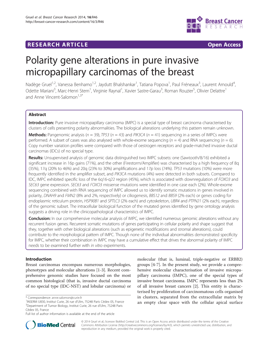 Polarity Gene Alterations in Pure Invasive Micropapillary Carcinomas