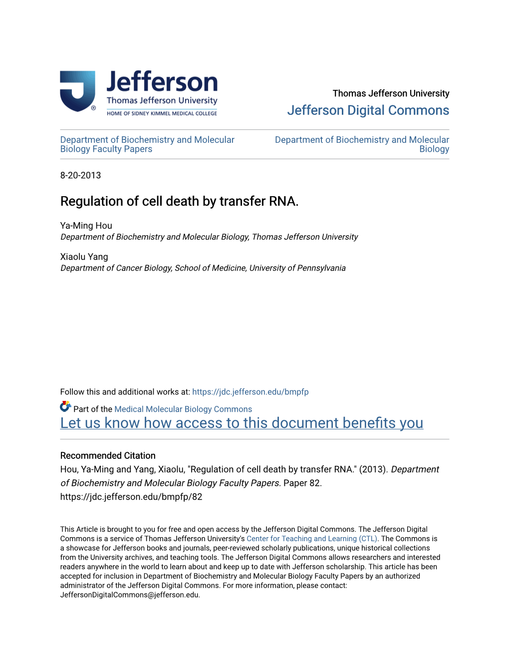 Regulation of Cell Death by Transfer RNA