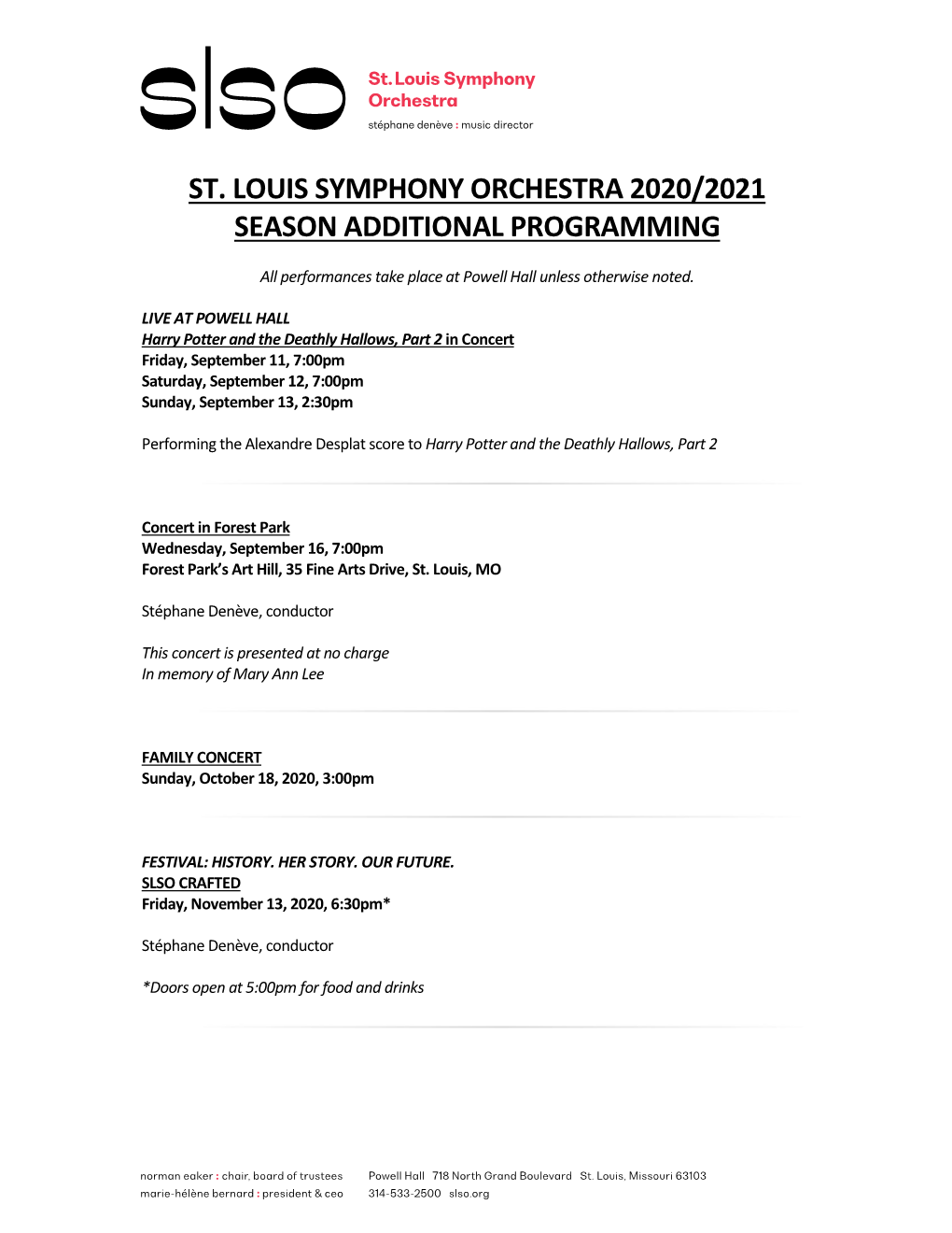 St. Louis Symphony Orchestra 2020/2021 Season Additional Programming