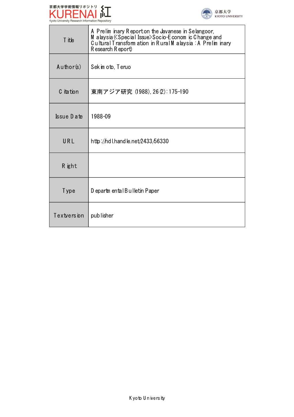 Title a Preliminary Report on the Javanese in Selangoor, Malaysia