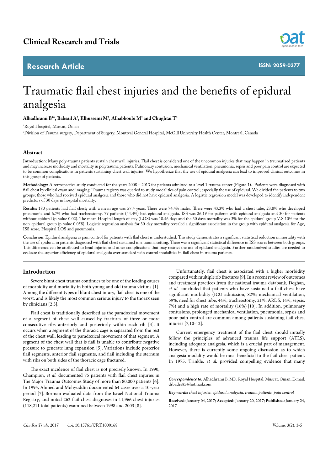 Traumatic Flail Chest Injuries and the Benefits of Epidural Analgesia