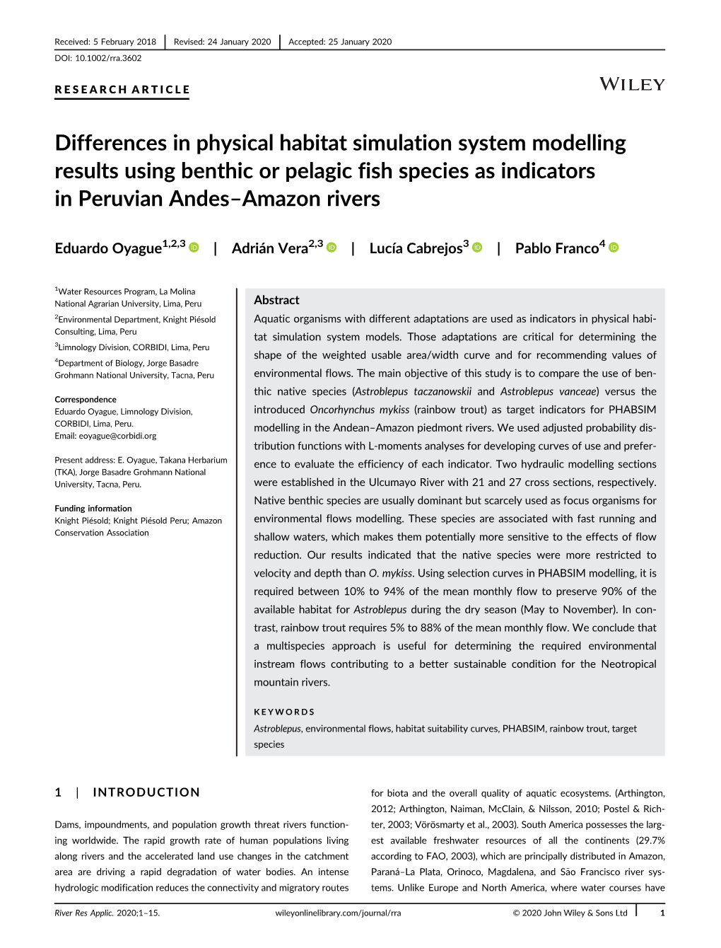 Differences in Physical Habitat Simulation System Modelling Results Using Benthic Or Pelagic Fish Species As Indicators in Peruvian Andes–Amazon Rivers