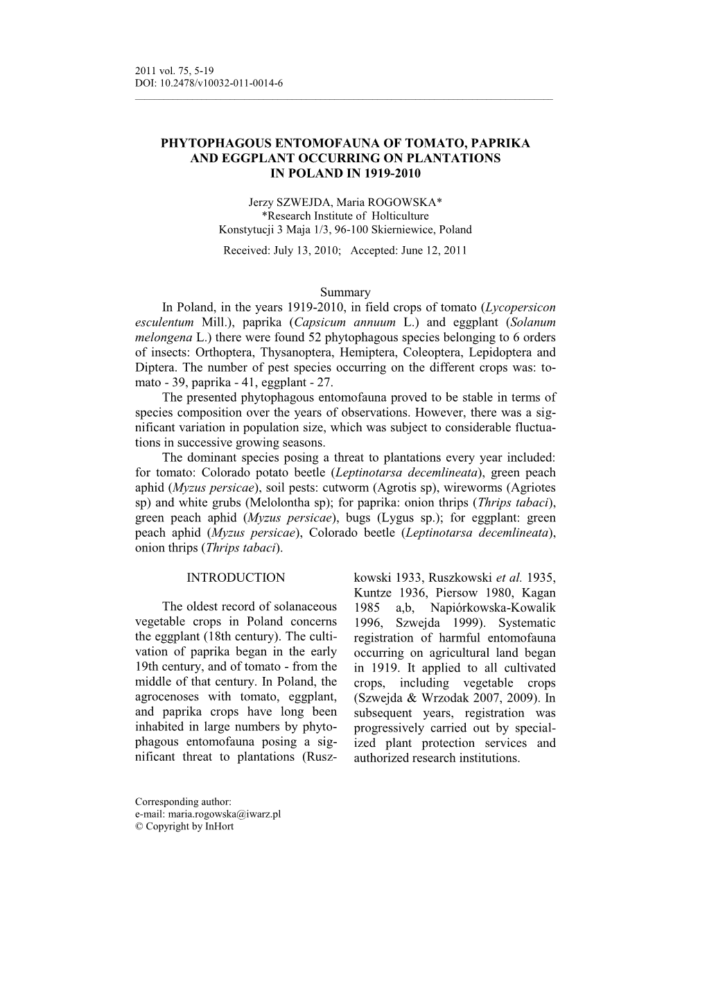 Phytophagous Entomofauna of Tomato, Paprika and Eggplant Occurring on Plantations in Poland in 1919-2010