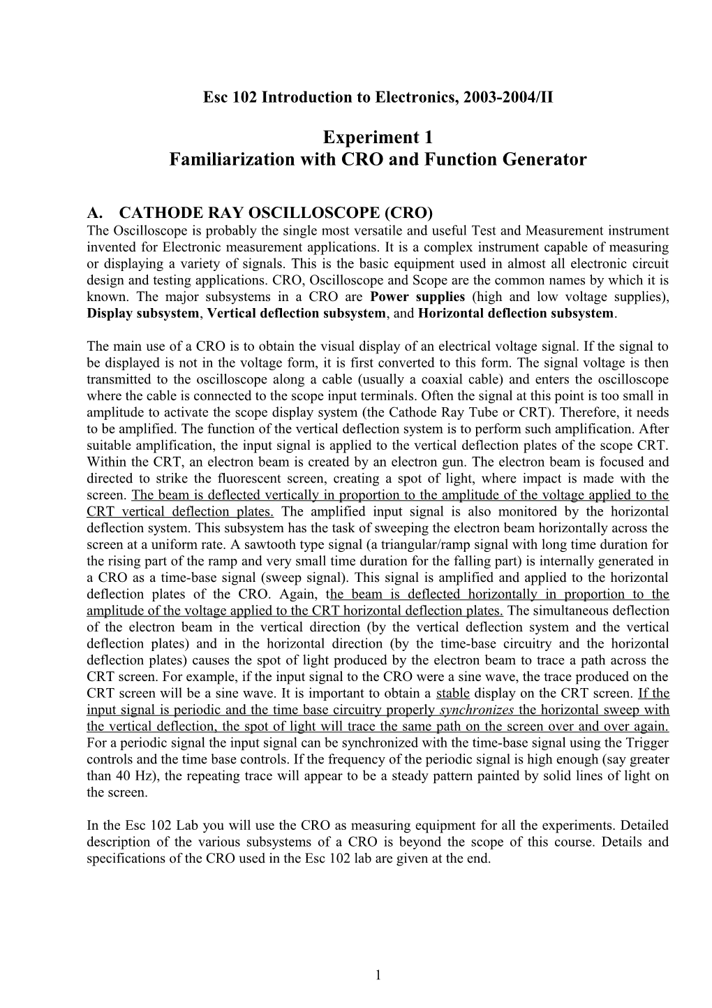 Esc 102 Introduction to Electronics, 2003-2004/II