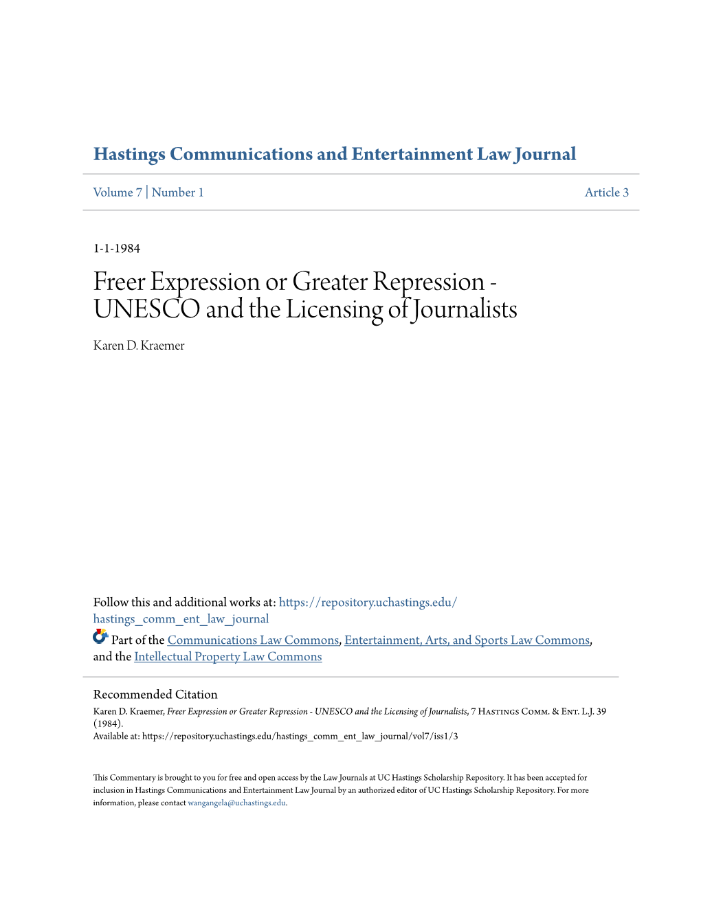 UNESCO and the Licensing of Journalists Karen D